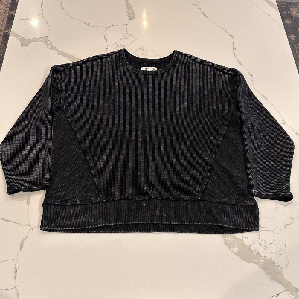 Seven7 Waffle Knit Crew Neck Top Women’s XL Black Long Sleeve Biker Grunge Goth